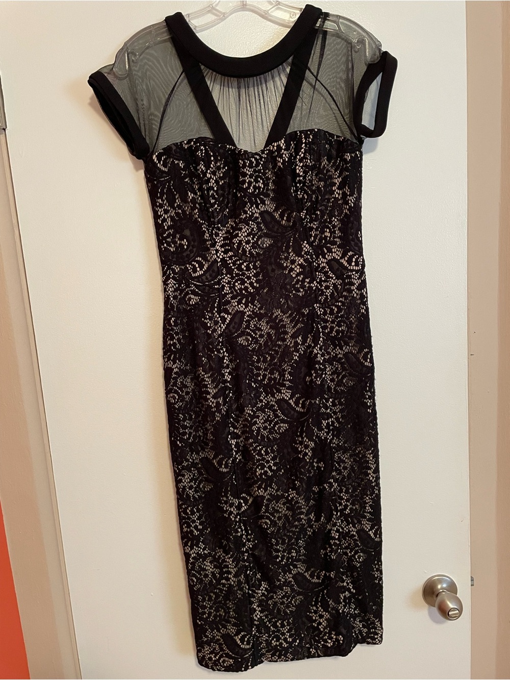 Maggy London Black Lace & Illusion Mesh Midi Dress